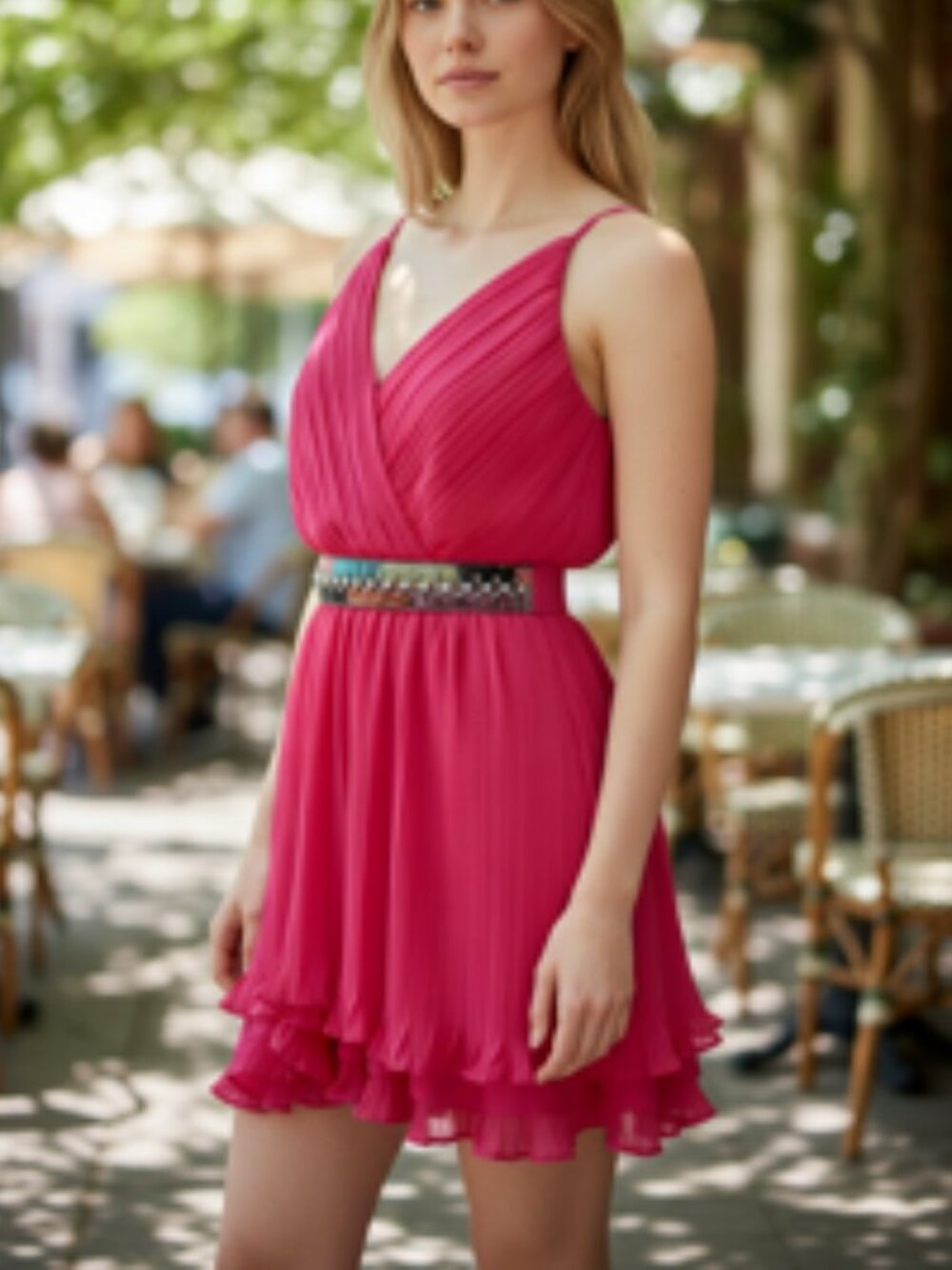 NEW Beyond Words pink Romper Women’s Large pleated lined V-Neck adjustable dress